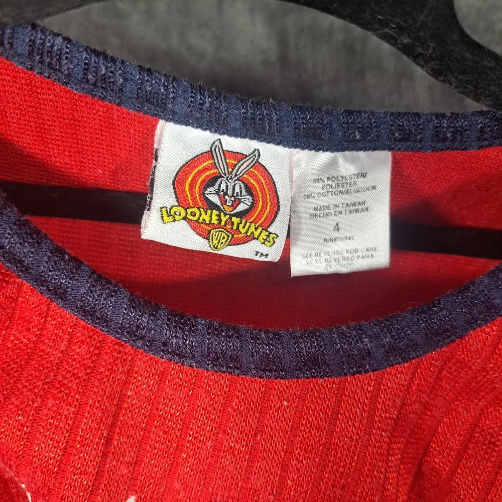 VTG‎ Looney Tunes Tweety Bird Red Ribbed Ringer Shirt Size 4 90s Cartoon Retro